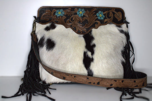 Crossbody Leather Strap, Tooled Top& Cowhide with Fringe