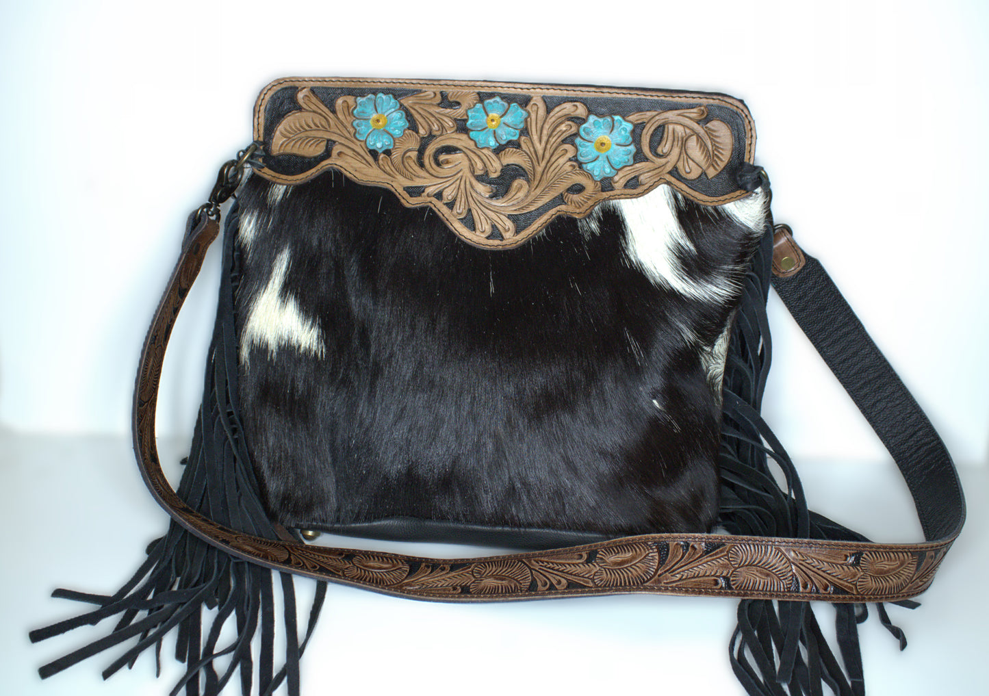 Crossbody Leather Strap, Tooled Top& Cowhide with Fringe