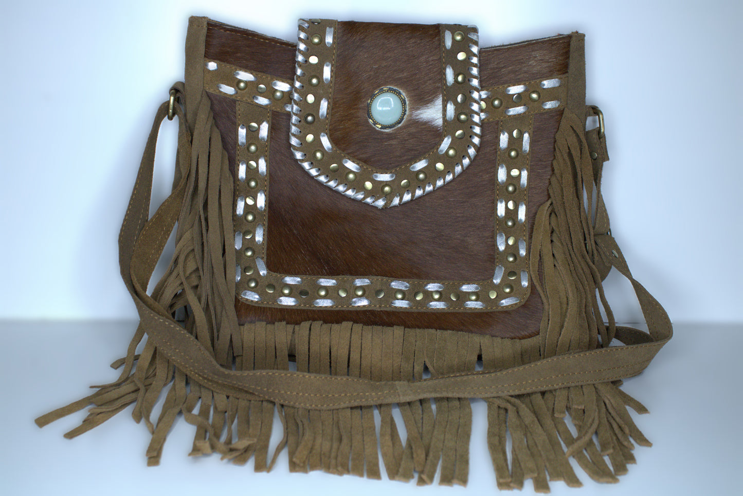 Crossbody Cowhide with Brass Button & Fringe