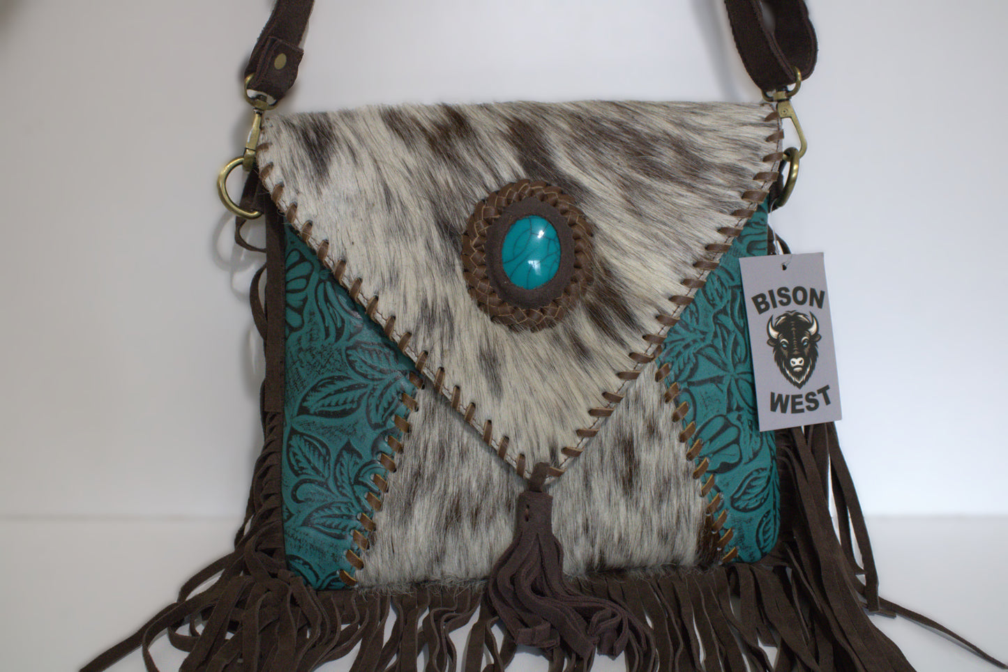 Crossbody Teal Leather & Cowhide with Teal Stone