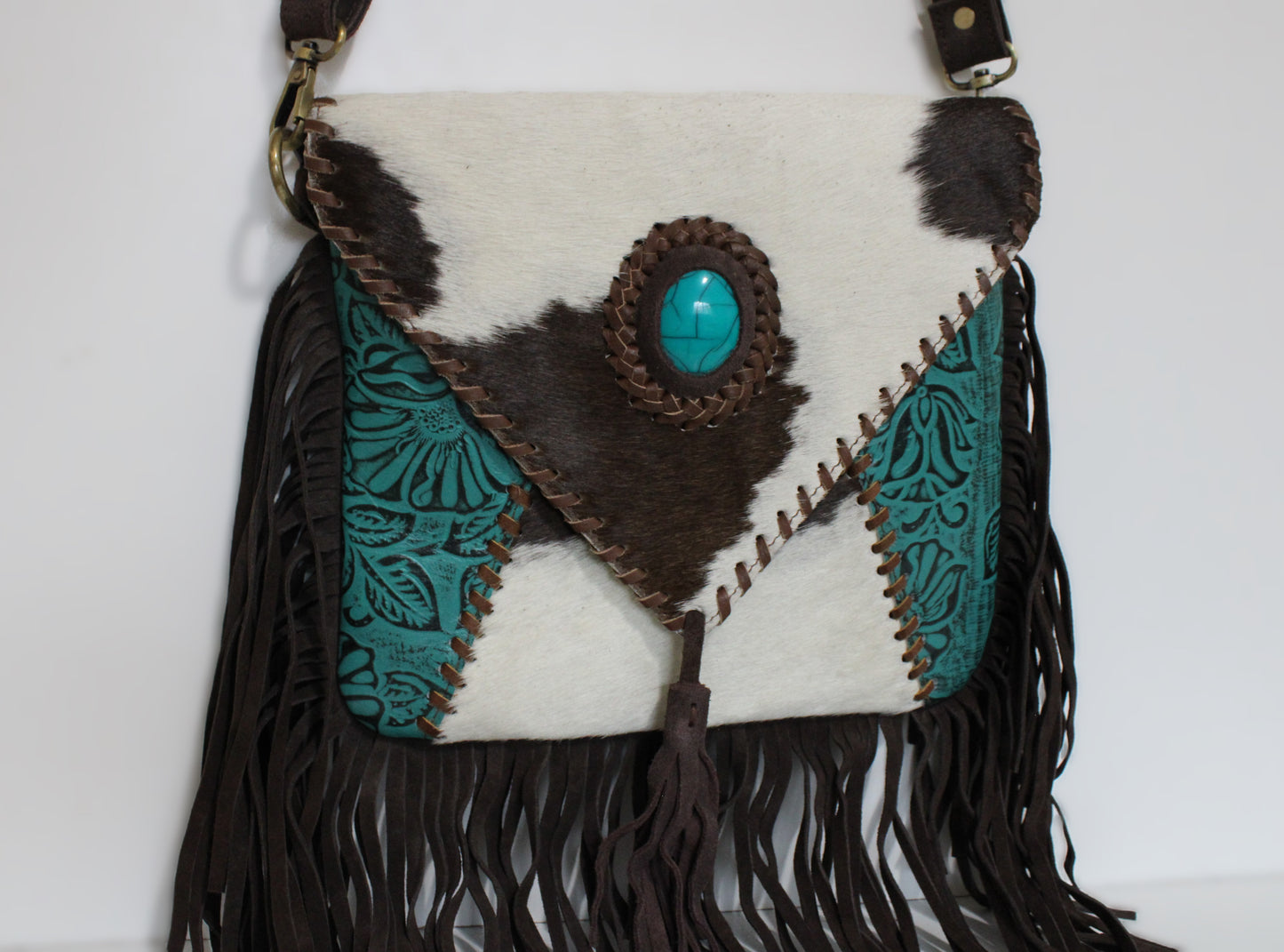 Crossbody Teal Leather & Cowhide with Teal Stone