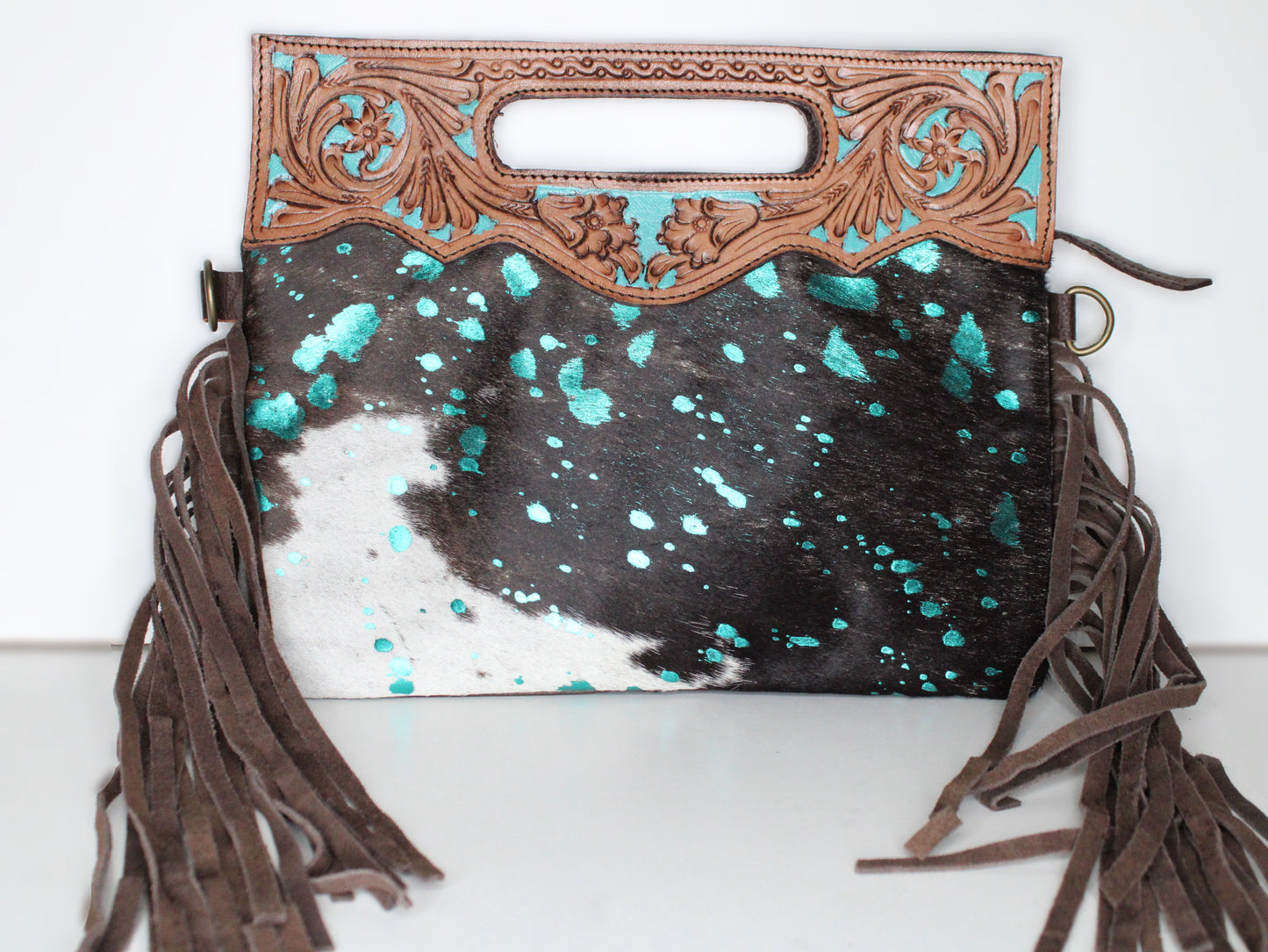 Crossbody Cowhide Flake with Handle & Fringe - Medium