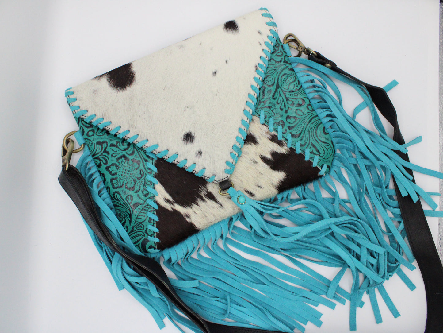 Crossbody Cowhide & Teal with Fringe