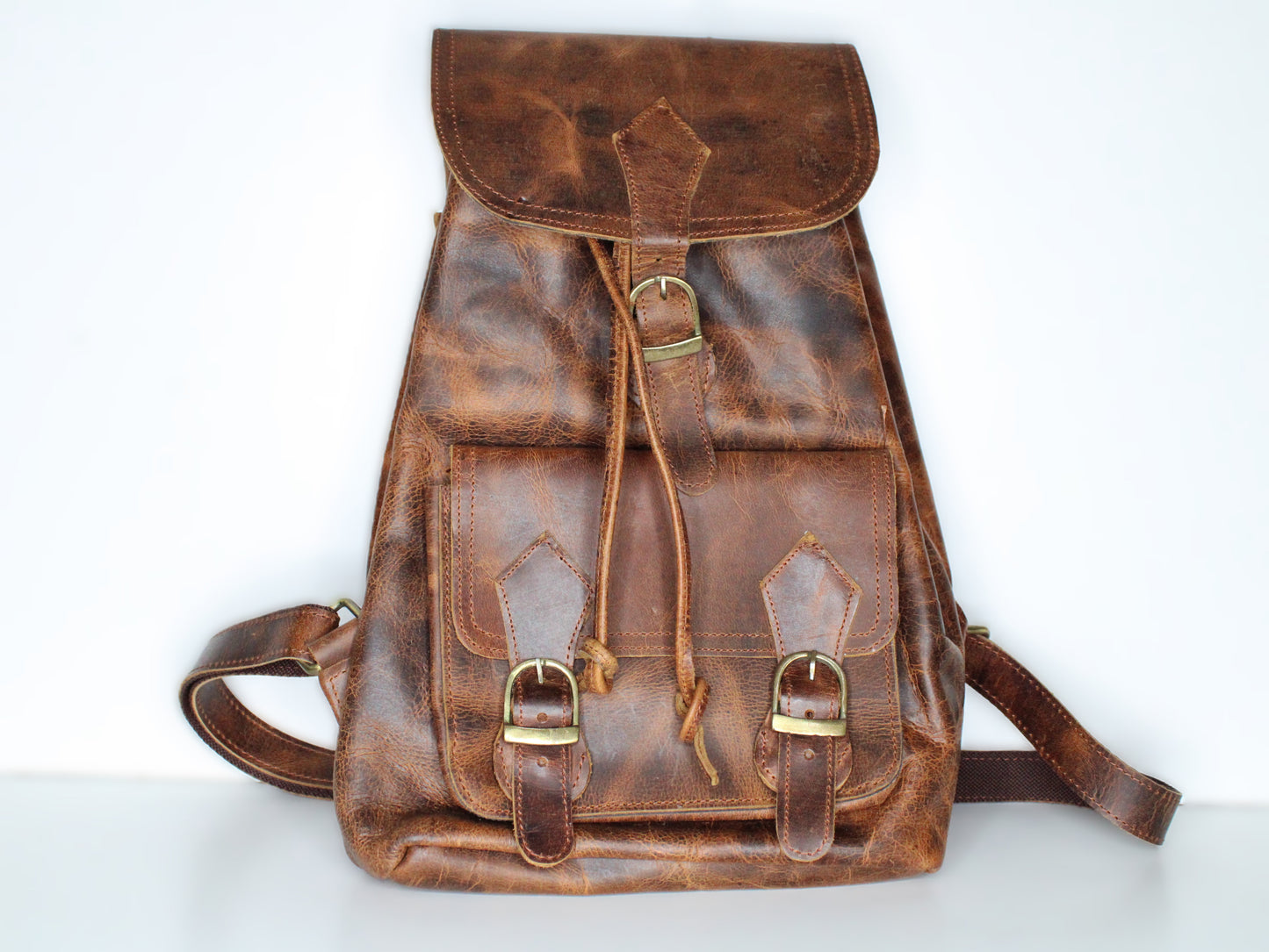 Full Leather Backpack with Front Pouch