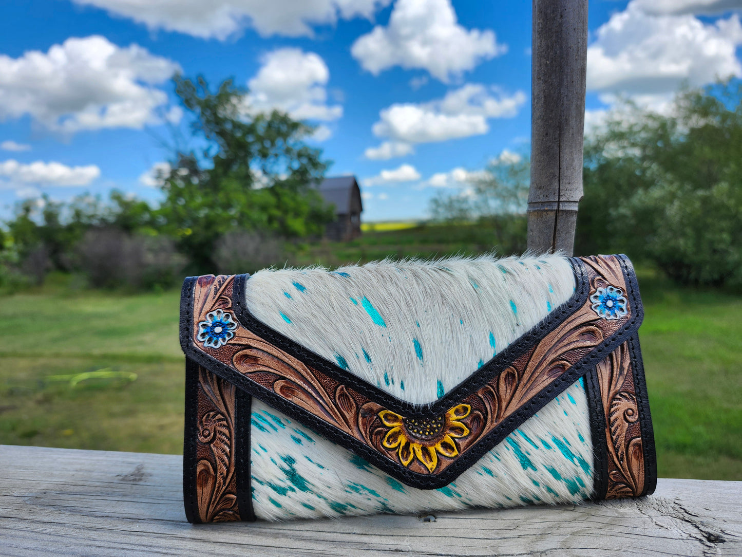 Cowhide Wallet with Tooled Sunflower