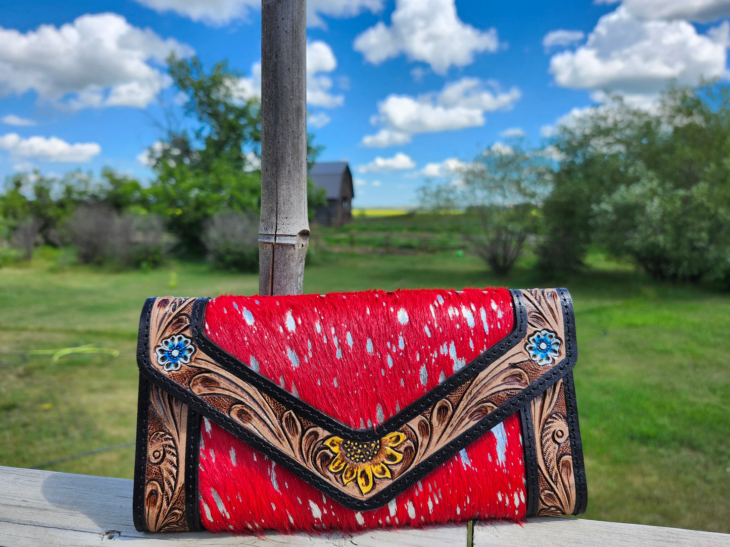 Cowhide Wallet with Tooled Sunflower