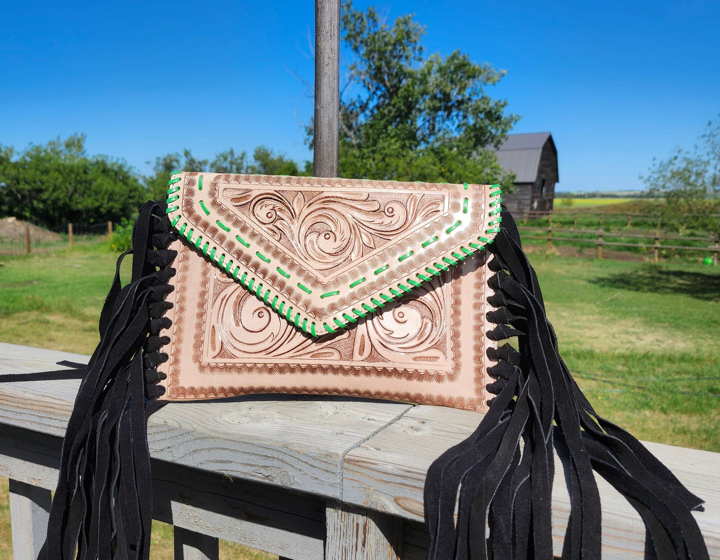 Crossbody Tooled Leather Bag with Fringe