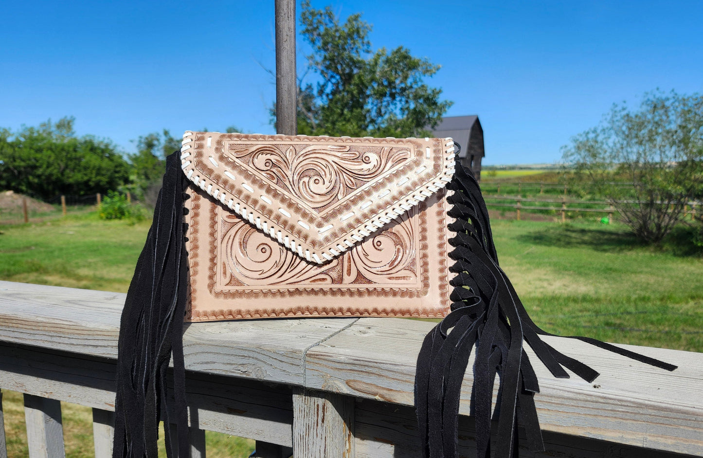 Crossbody Tooled Leather Bag with Fringe