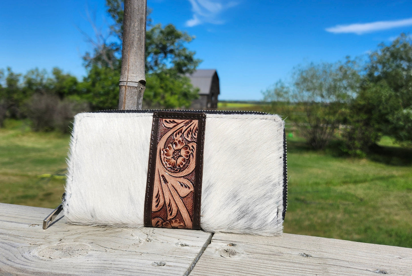 Cowhide & Tooled Leather Zippered Wallet