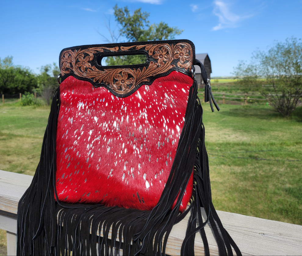 Crossbody Cowhide Flake with Handle & Fringe - Large