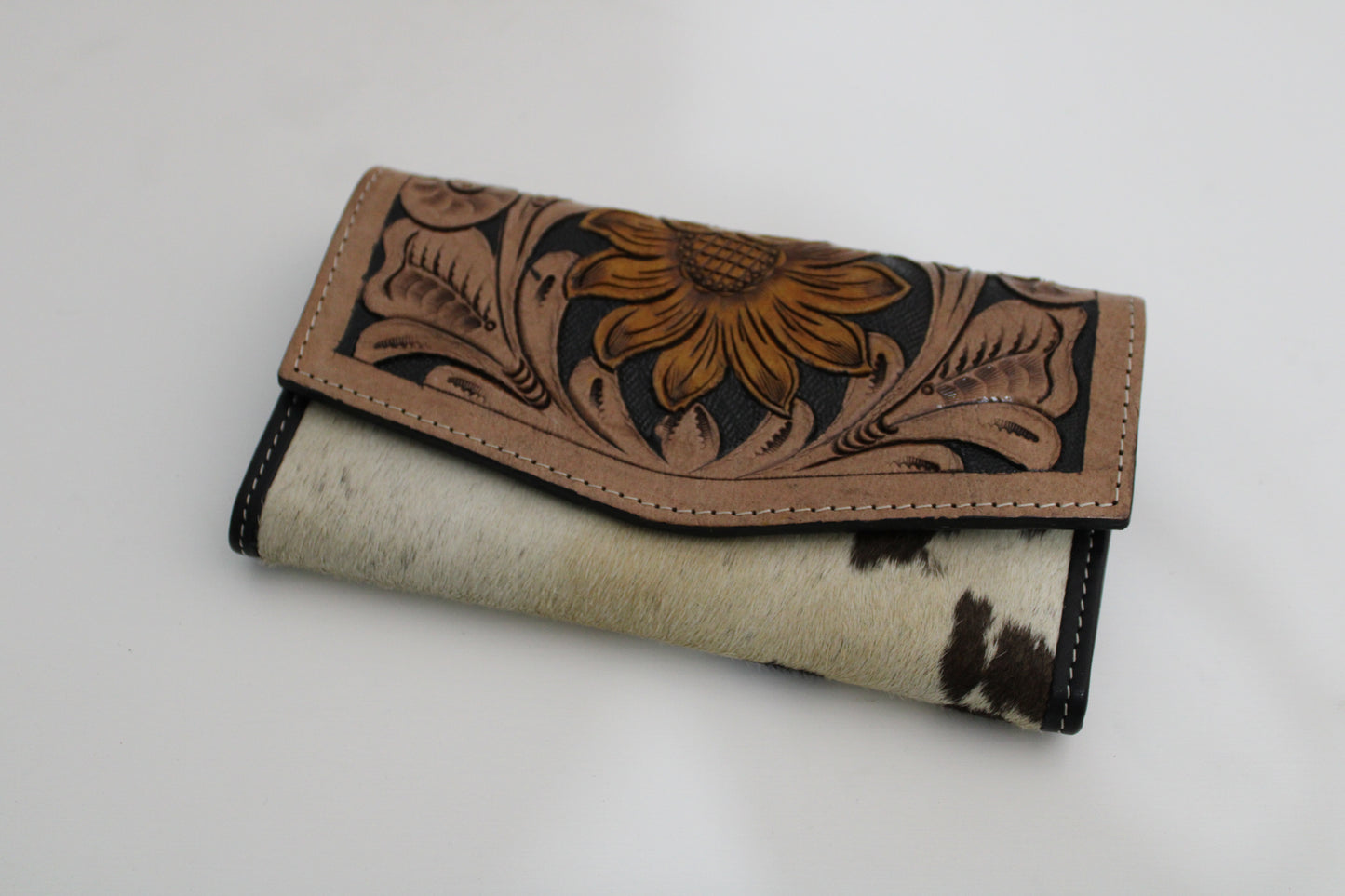 Leather Tooled Sunflower Wallet with Cowhide