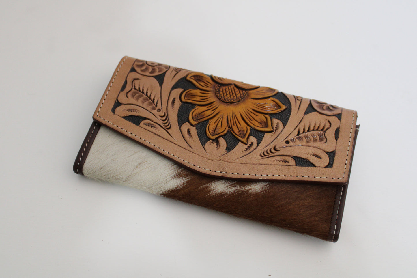 Leather Tooled Sunflower Wallet with Cowhide