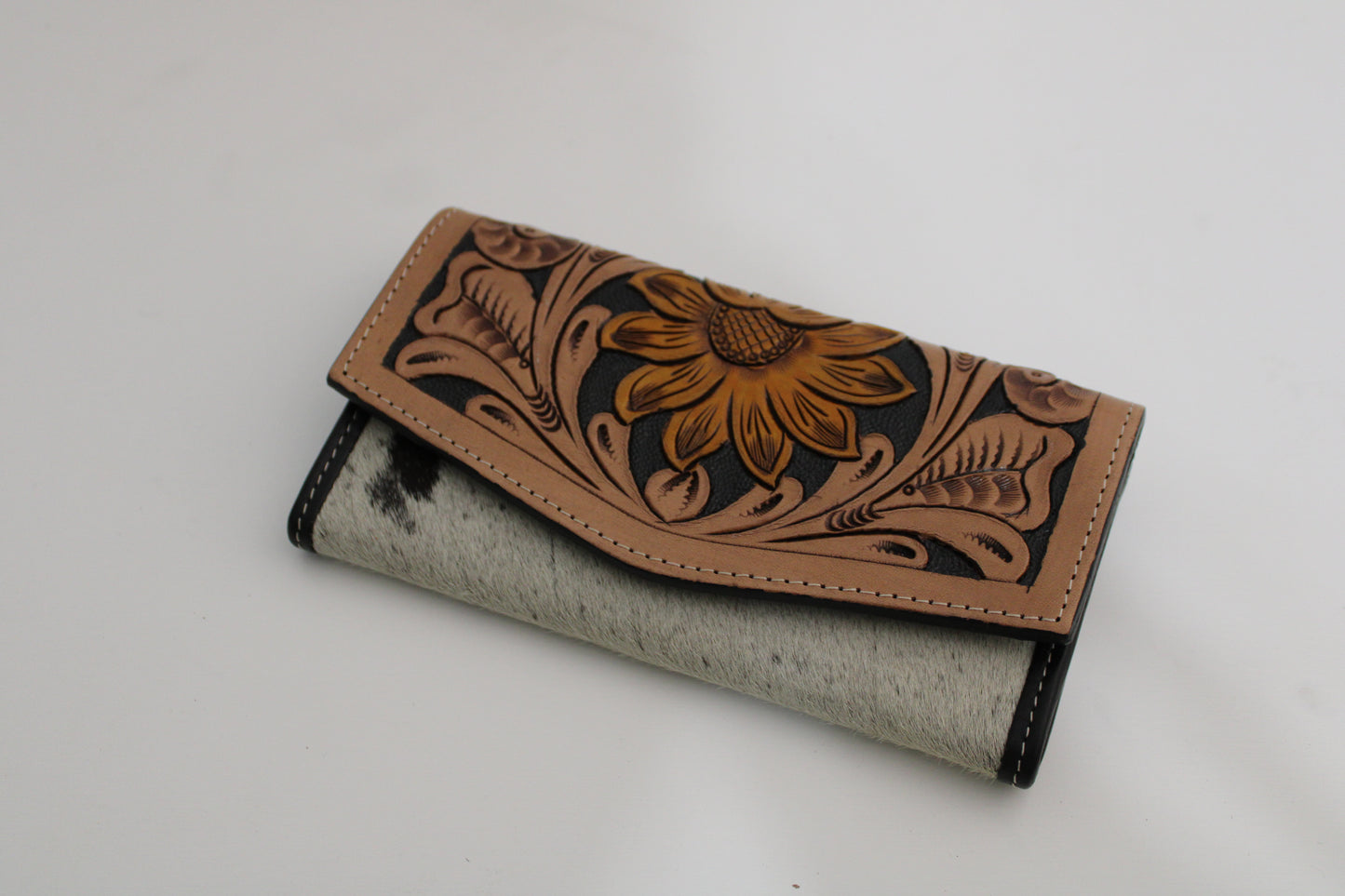 Leather Tooled Sunflower Wallet with Cowhide