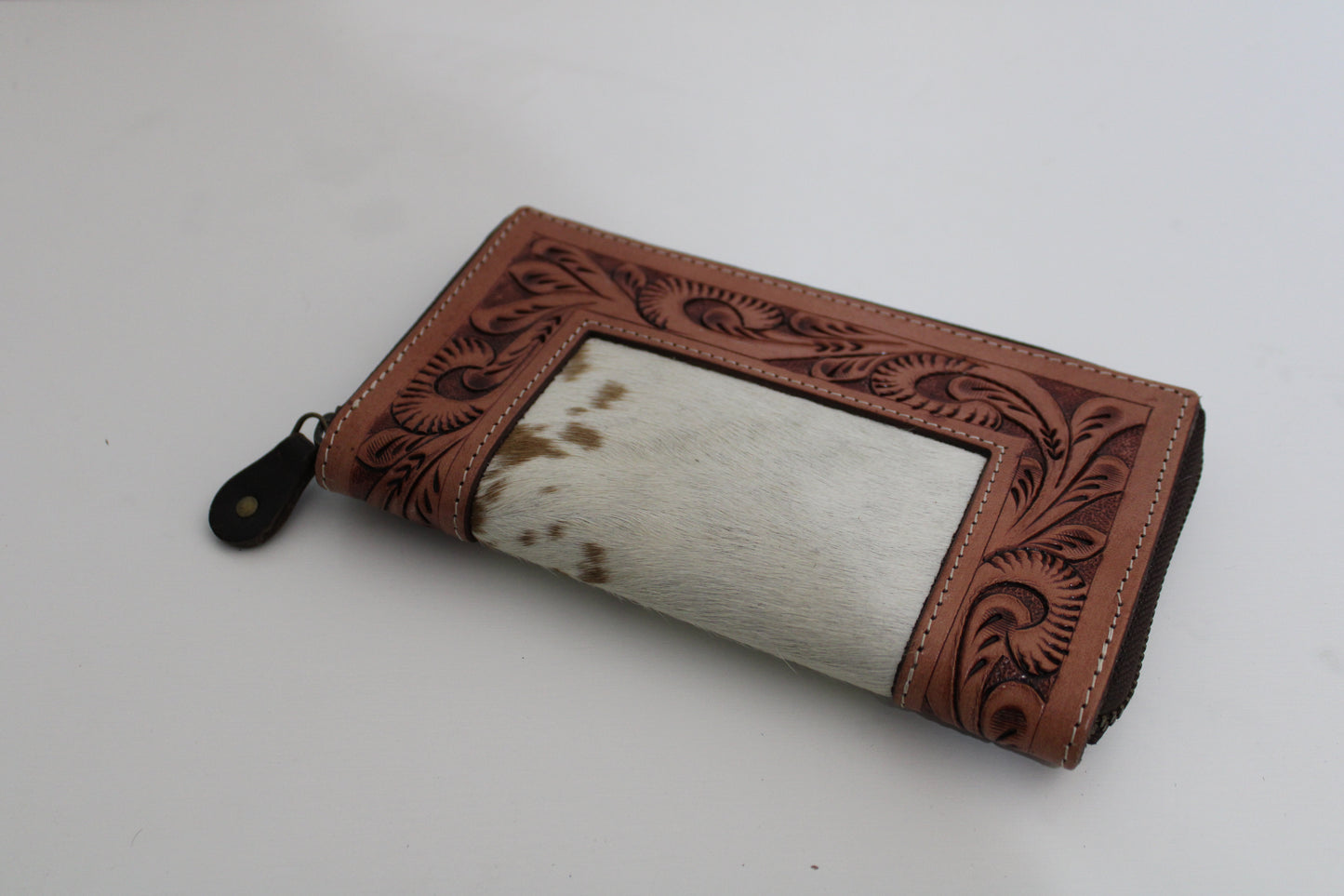 Tooled Edge and Cowhide Wallet with Zipper