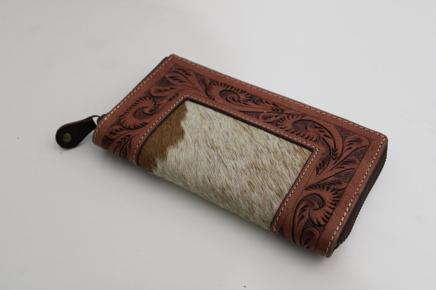 Tooled Edge and Cowhide Wallet with Zipper