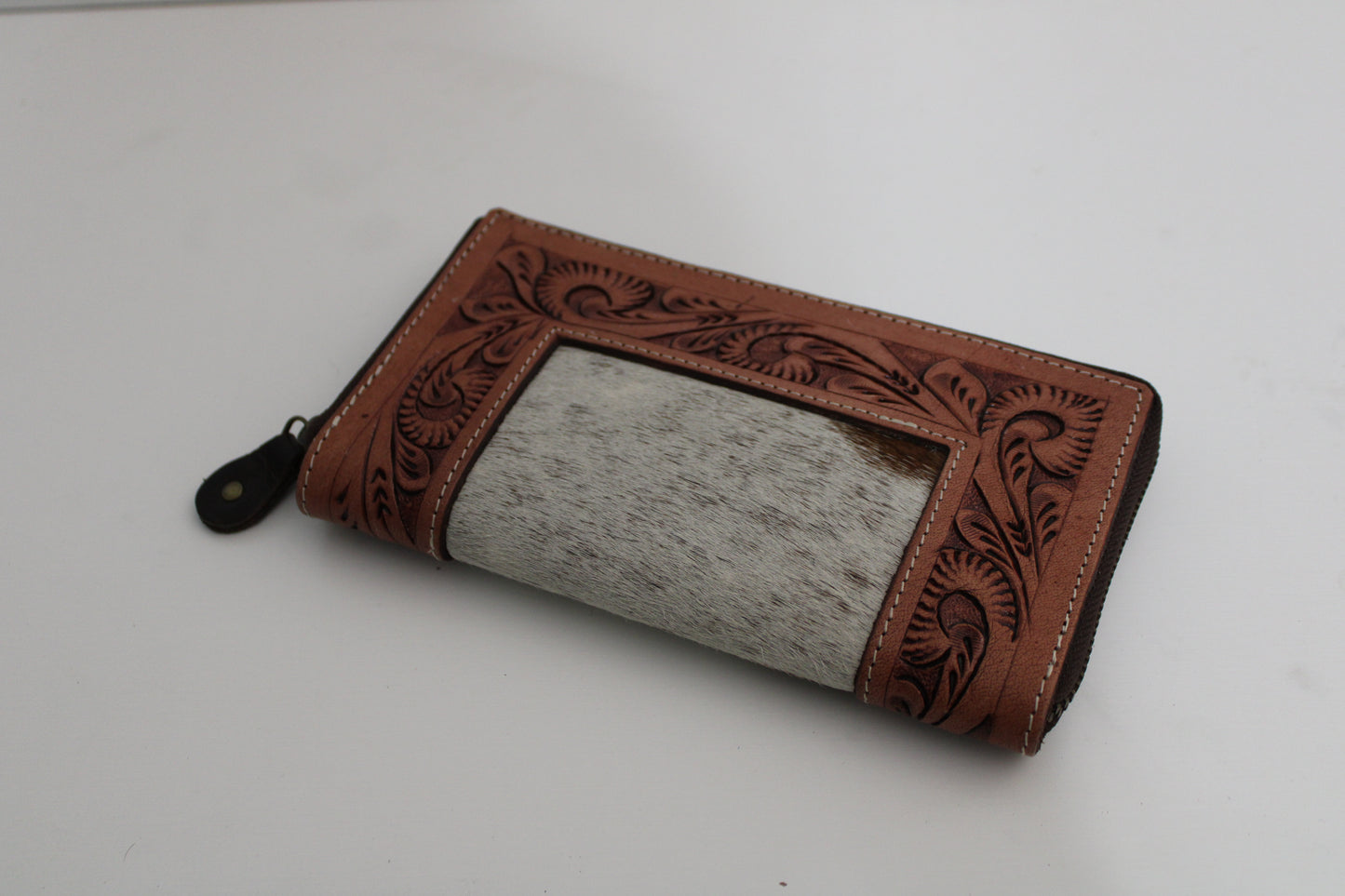 Tooled Edge and Cowhide Wallet with Zipper