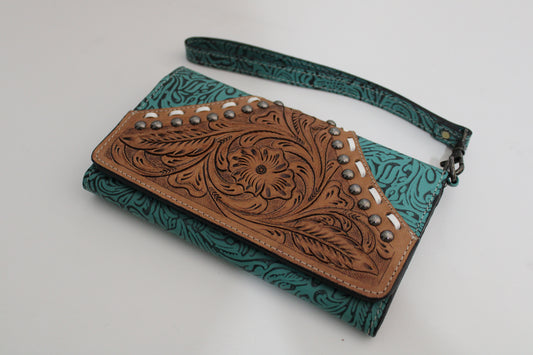 Teal Tooled Leather Wallet with Front Snap