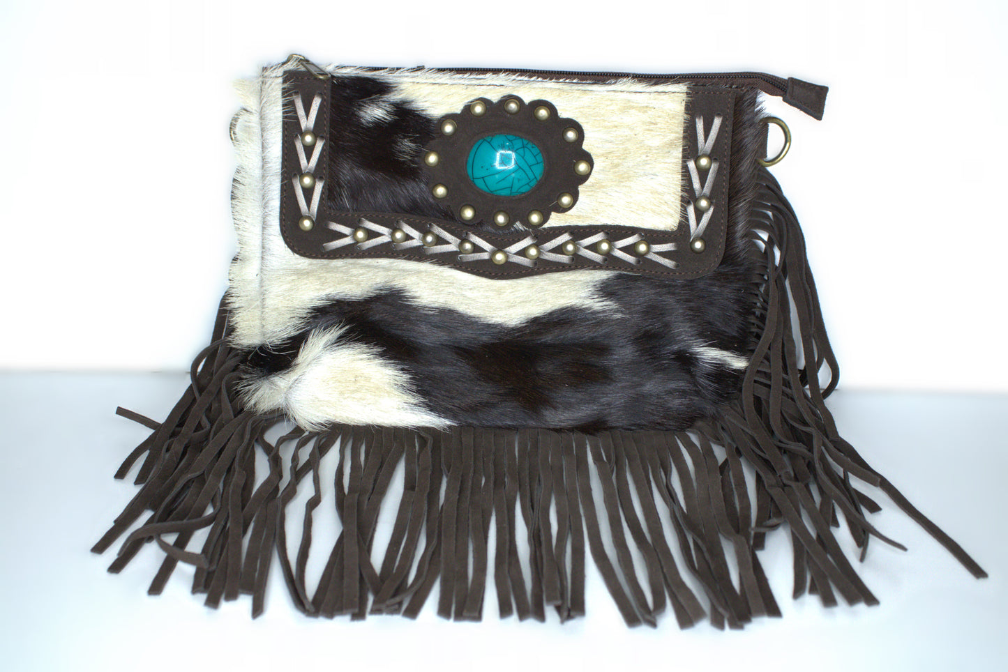 Crossbody Cowhide with Fringe & Teal Stone