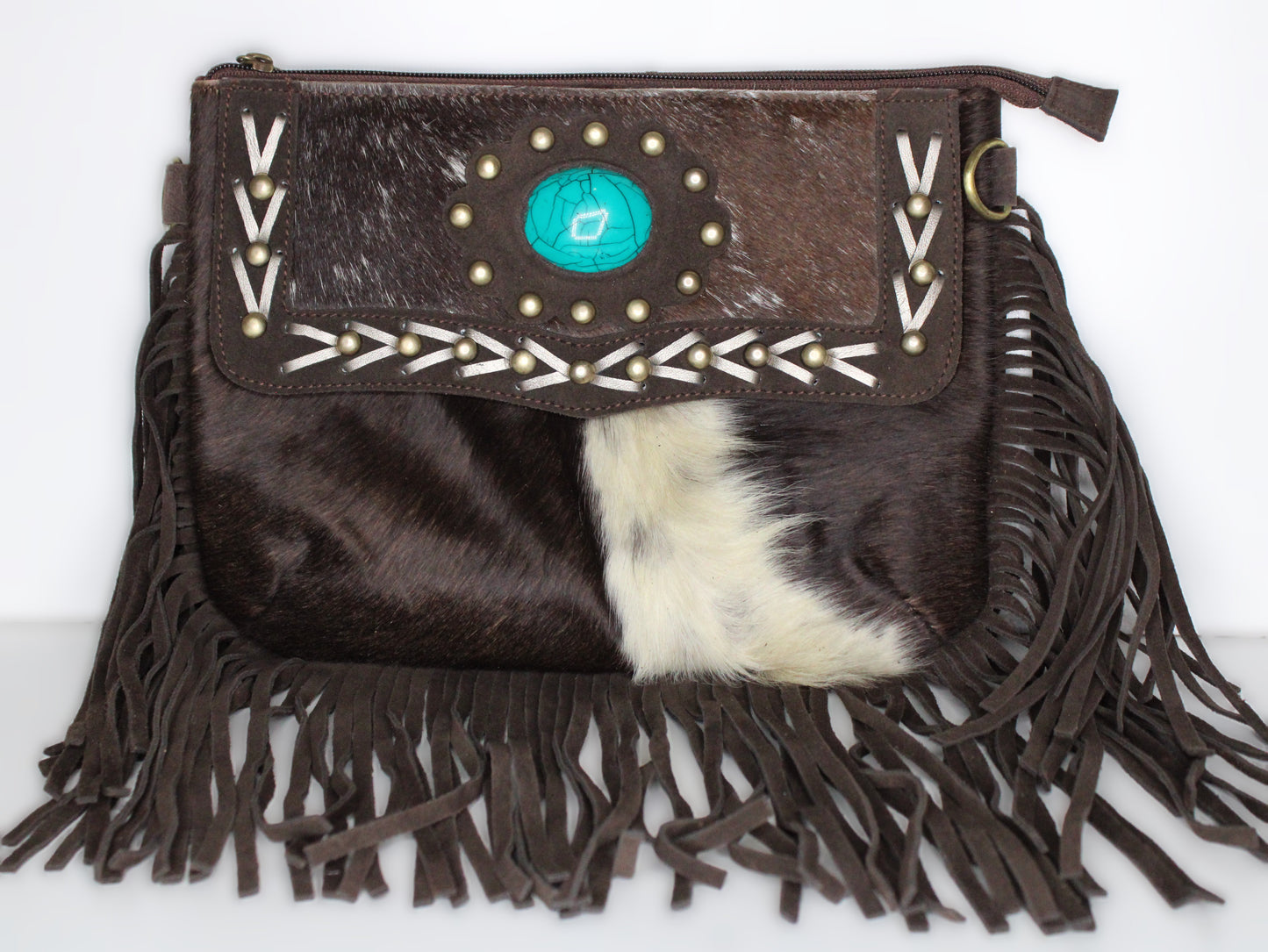 Crossbody Cowhide with Fringe & Teal Stone