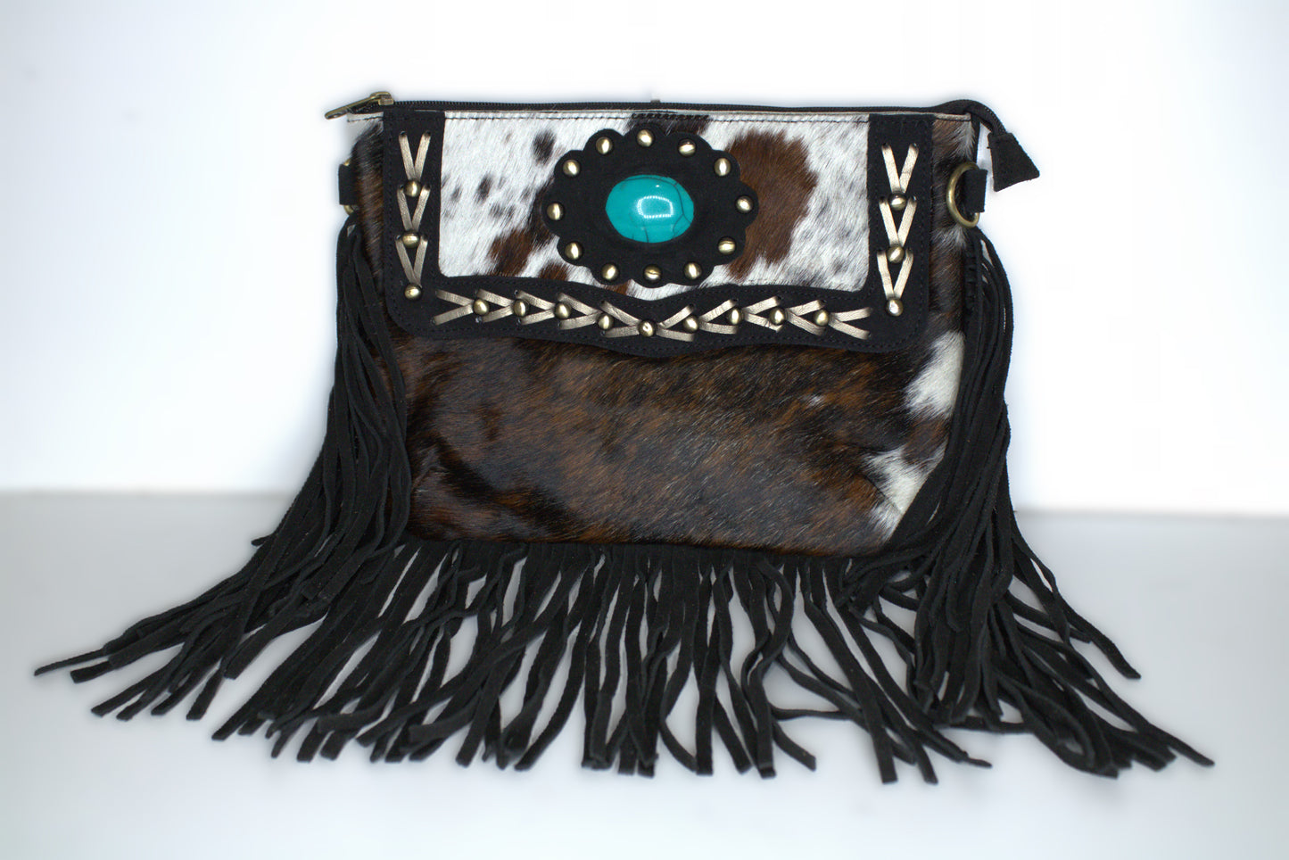 Crossbody Cowhide with Fringe & Teal Stone