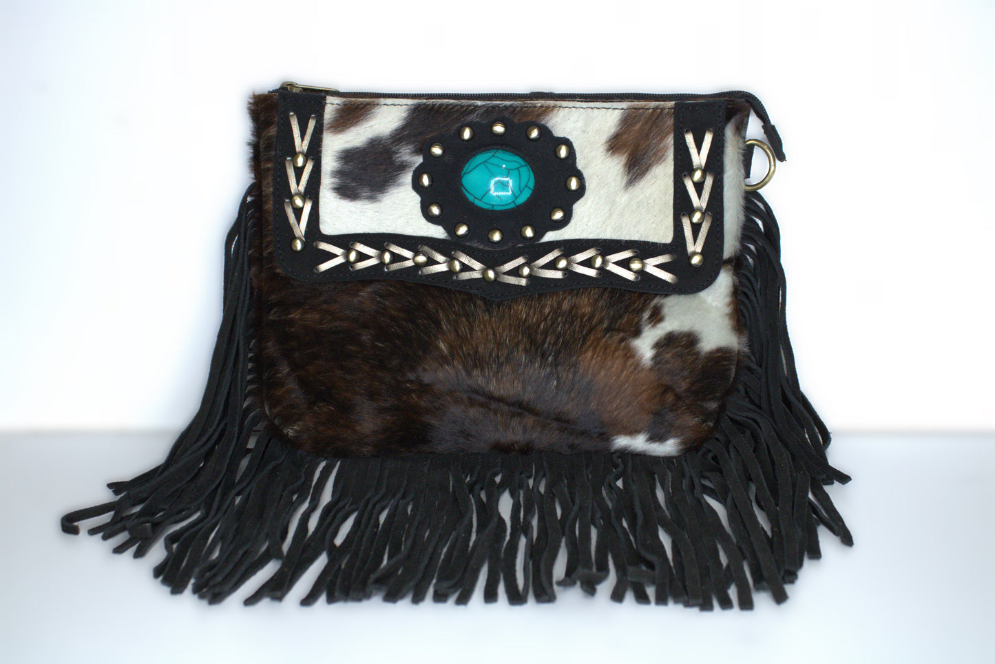 Crossbody Cowhide with Fringe & Teal Stone