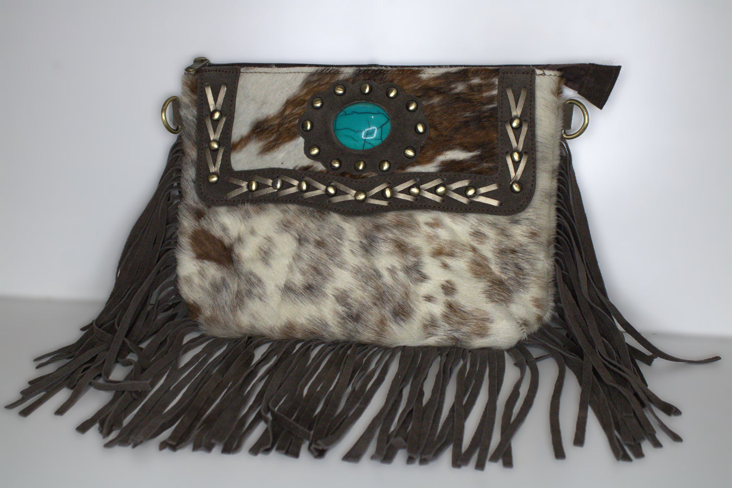 Crossbody Cowhide with Fringe & Teal Stone