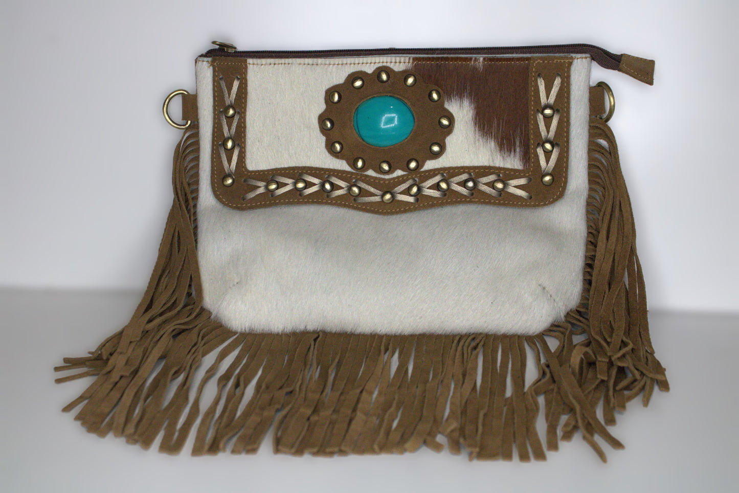 Crossbody Cowhide with Fringe & Teal Stone