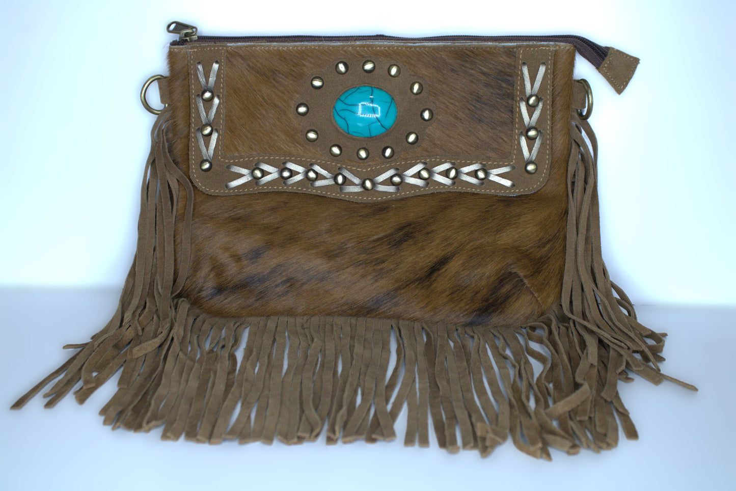 Crossbody Cowhide with Fringe & Teal Stone