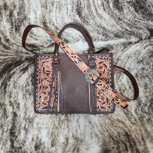 Crossbody Tooled Leather Bag with Buckle Strap
